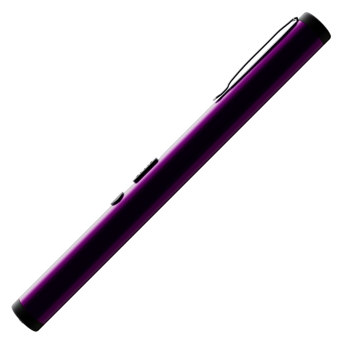 Side view of purple streetwise pain pen stun device with built-in metal belt clip