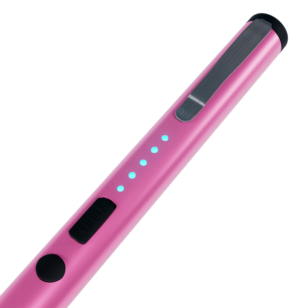 Close up of a pink Streetwise Pain Pen Stun Gun showing built-in metal belt clip, stun activation button, and battery light led indicators