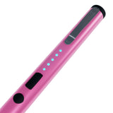 Close up of a pink Streetwise Pain Pen Stun Gun showing built-in metal belt clip, stun activation button, and battery light led indicators
