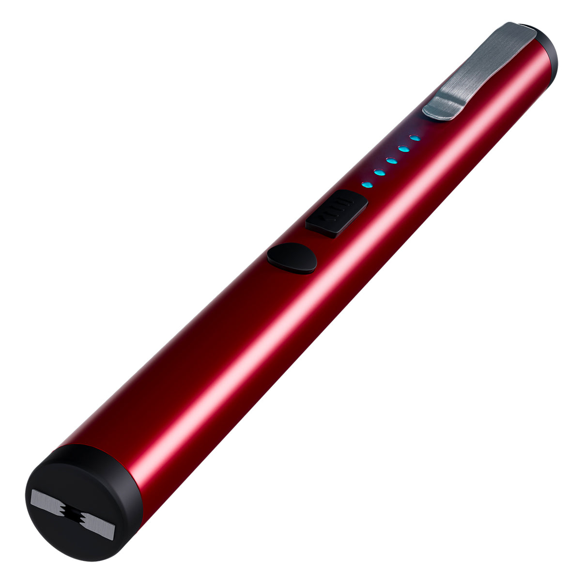 Front angled image of red 6" streetwise pain pen, showing stun prongs and battery light led indicators