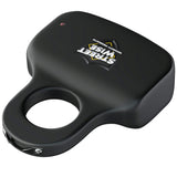 Front angle view of black streetwise sting ring knuckle stun gun, showcasing stun prongs