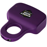front angle view of dark purple streetwise sting ring stun gun with safety switch showcasing stun prongs