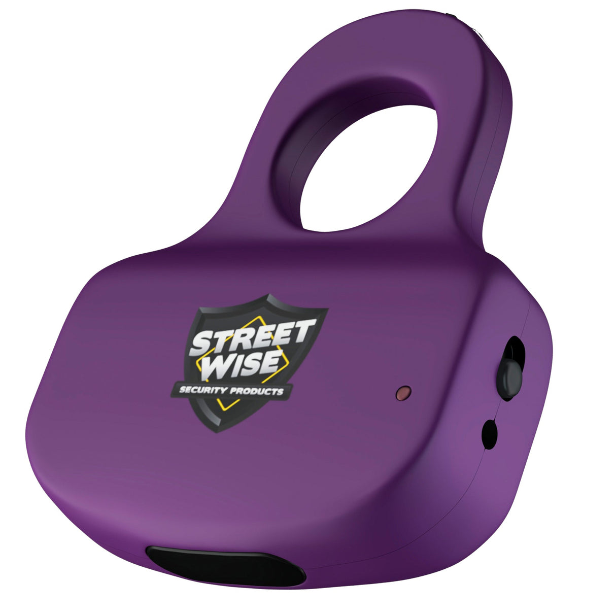 front angle view of dark purple streetwise sting ring stun gun with safety switch