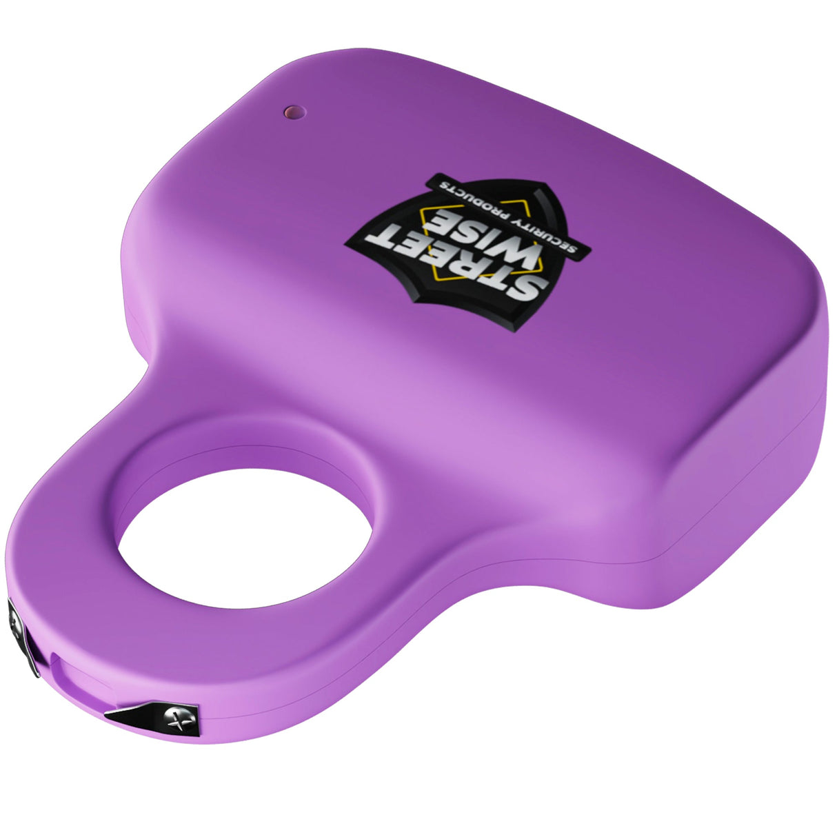 front angle view of streetwise light purple stun gun showcasing stun prongs