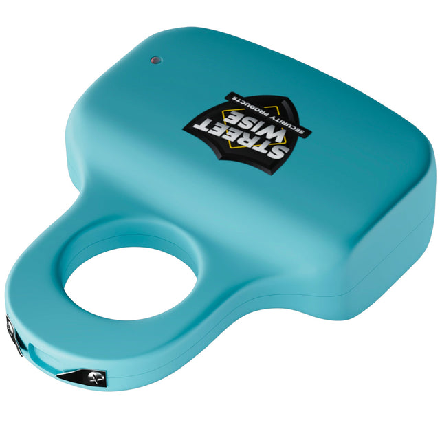 front angle view of teal streetwise sting ring knuckle stun gun, showcasing stun prongs