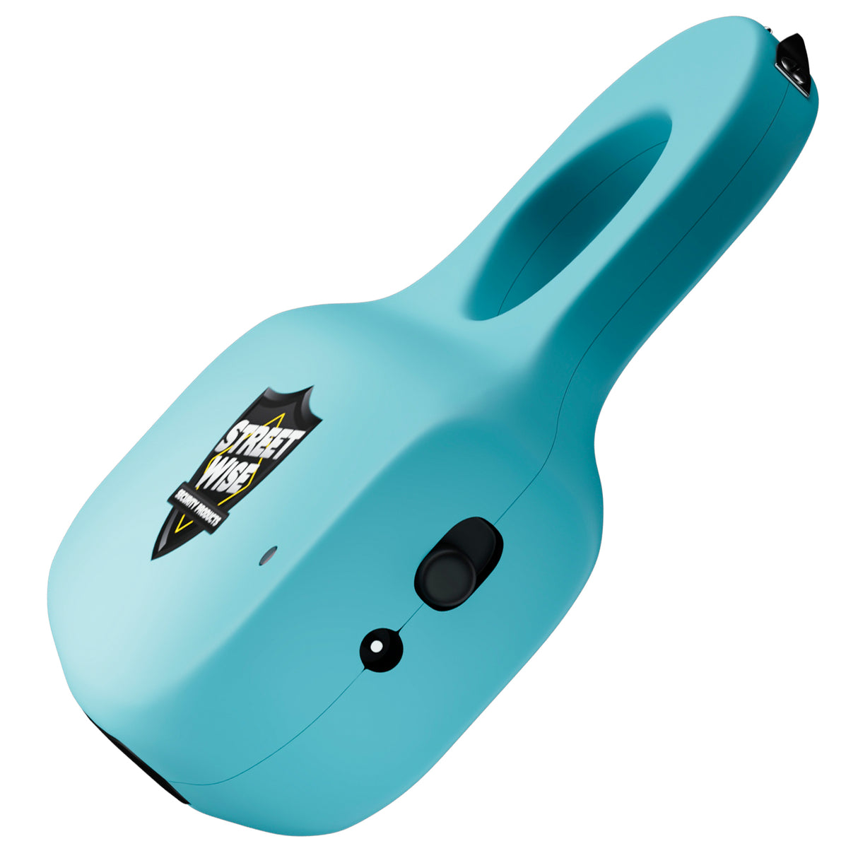 Side view of teal sting ring knuckle stun gun with safety switch