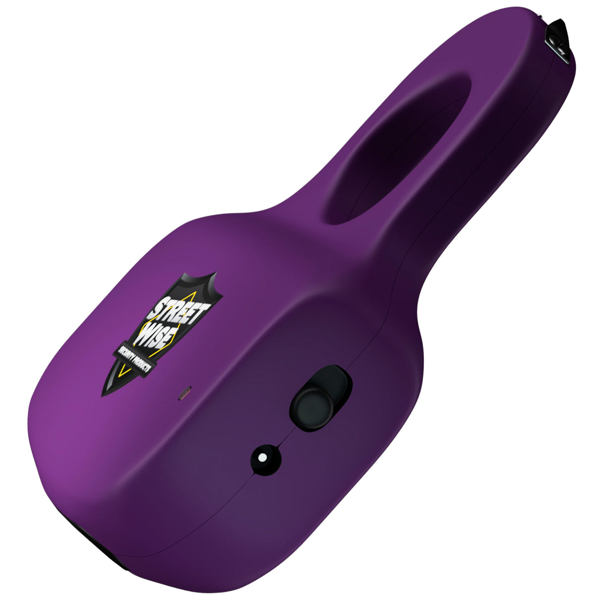 Side angle of dark purple Streetwise sting ring rechargeable stun gun with its safety switch.