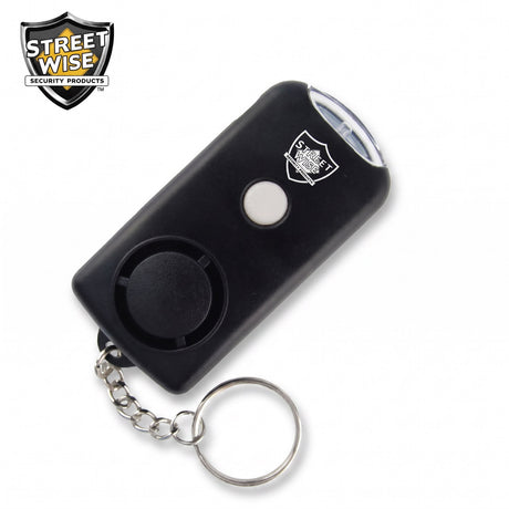 Black personal alarm with keychain on a white background, featuring Street Wise Security Products logo.