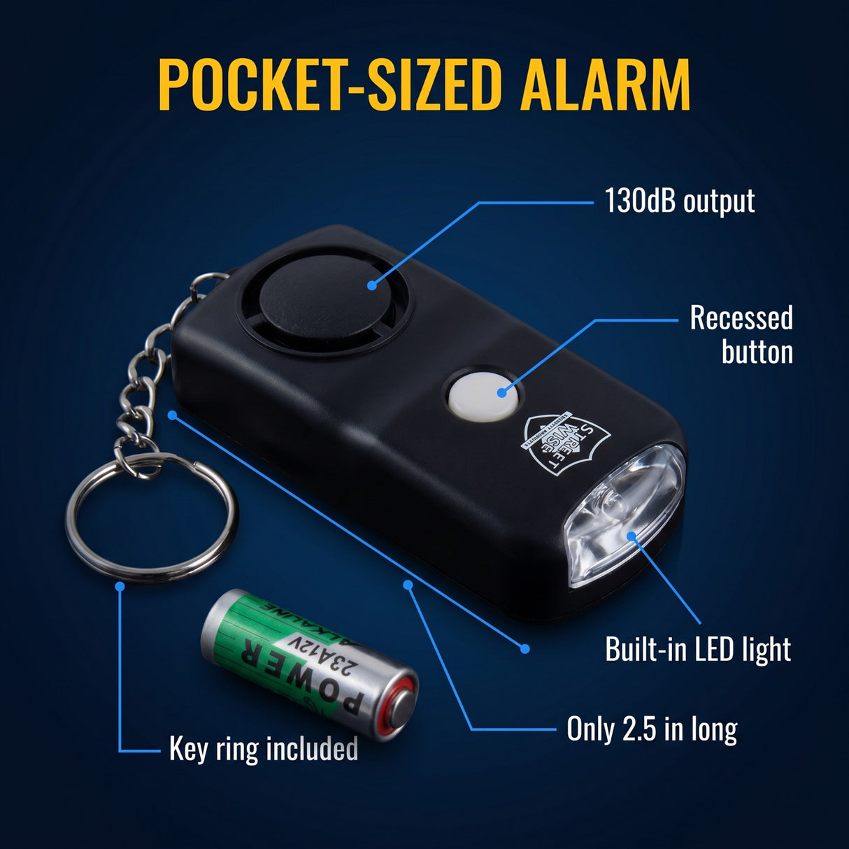 Pocket-sized alarm with key ring, battery, and features highlighted on a dark blue background