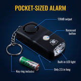 Pocket-sized alarm with key ring, battery, and features highlighted on a dark blue background
