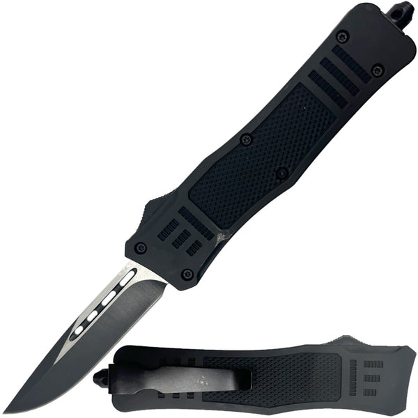 A black Streetwise Automatic OTF (Out the Front) 3.25-inch steel knife with a glass breaker both shown in folded and open state