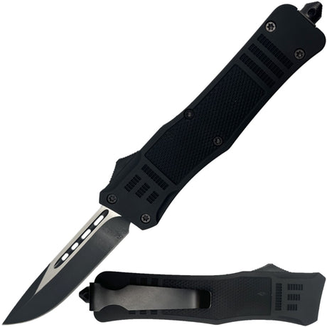 A black Streetwise Automatic OTF (Out the Front) 3.75-inch steel knife with a glass breaker both shown in folded and open state