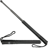 A black expandable steel baton with automatic push button from the Streetwise, extended and retracted 