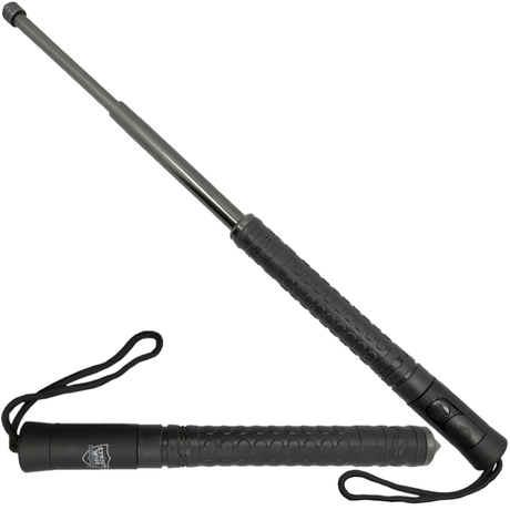 A black expandable steel baton with automatic push button from the Streetwise, extended and retracted 