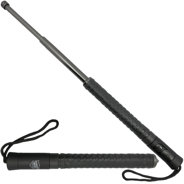 A black expandable steel baton with automatic push button from the Streetwise, extended and retracted 