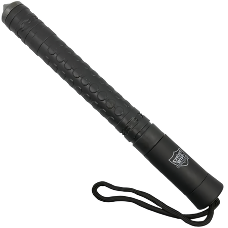 A black expandable steel baton with automatic push button from the Streetwise in retracted form