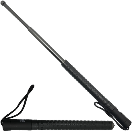 A black expandable 24" steel baton with automatic push button from the Streetwise, extended and retracted 