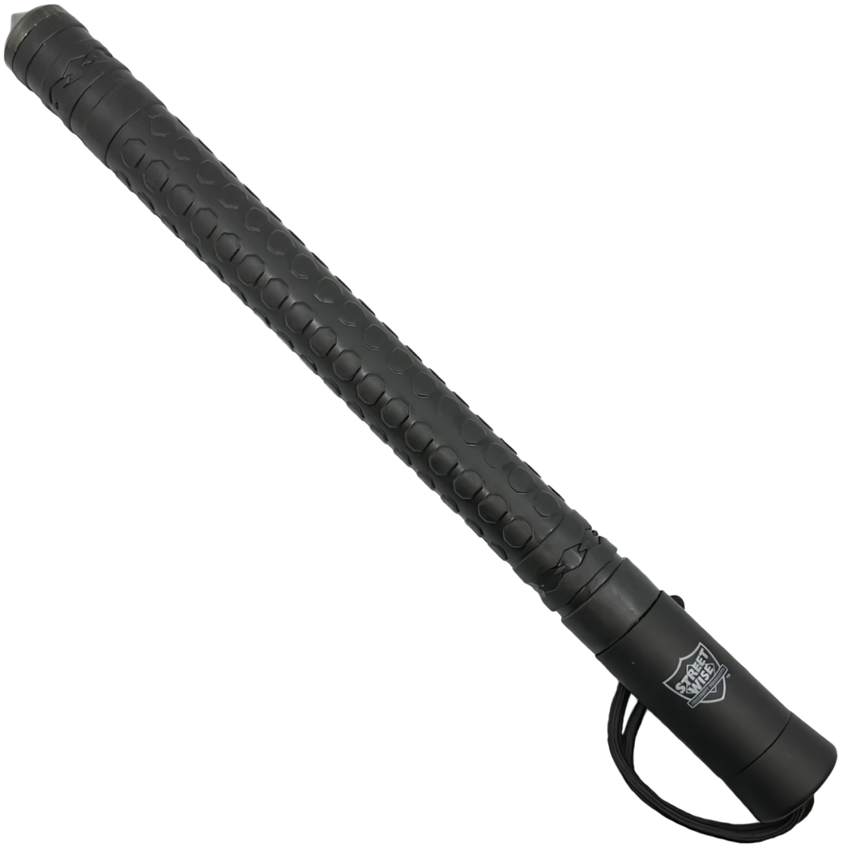 A black expandable 28" steel baton with automatic push button from the Streetwise in retracted form