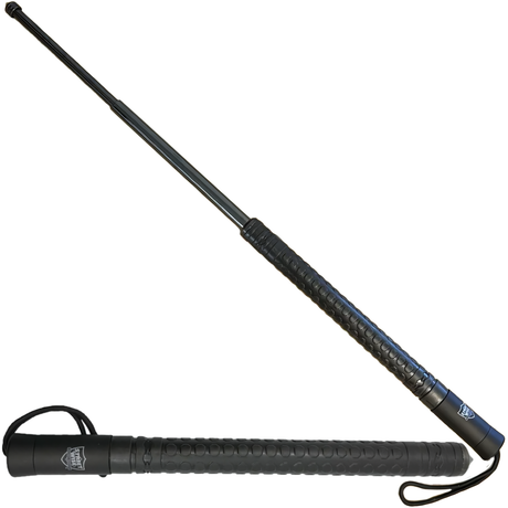 A black expandable 28" steel baton with automatic push button from the Streetwise, extended and retracted 