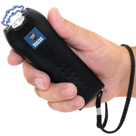 Streetwise Black Jack 120dB Stun Gun Alarm 21M with wrist straped in hand