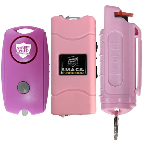 Bundle Pack of Streetwise - Pink 120dB Keychain Panic Alarm,  S.M.A.C.K. Keychain Stun Gun 16M, 18 Hard Shell Keychain Pepper Spray