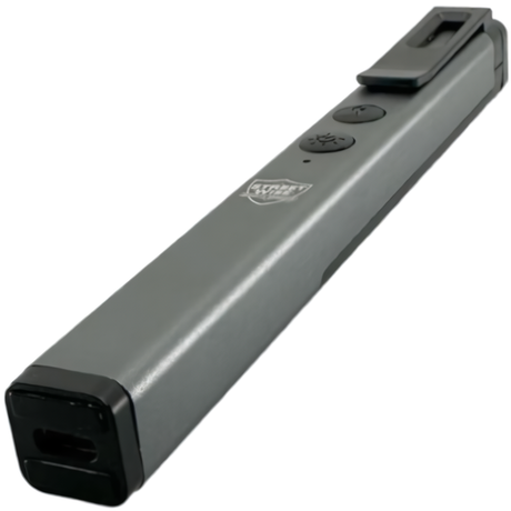 a bottom view of the Streetwise™ Hot Rod Rechargeable Dual Light Stun Gun, showcasing its USB charging port, light and stun buttons with a pocket clip.