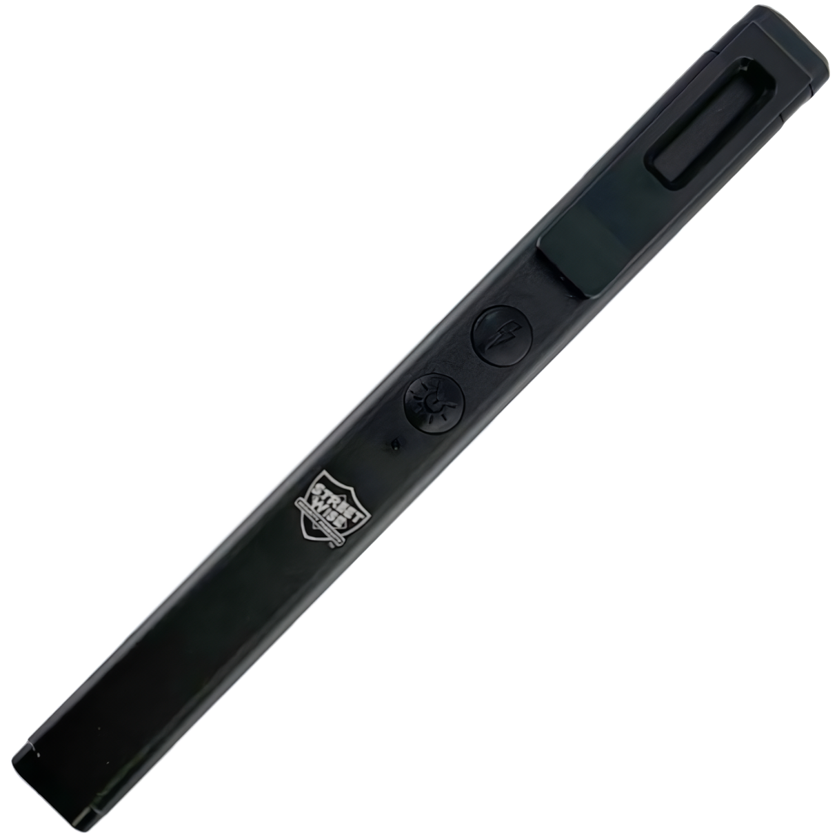 Buttons and metal clip of Streetwise Hot Rod Rechargeable Dual Light Stun Gun 50M