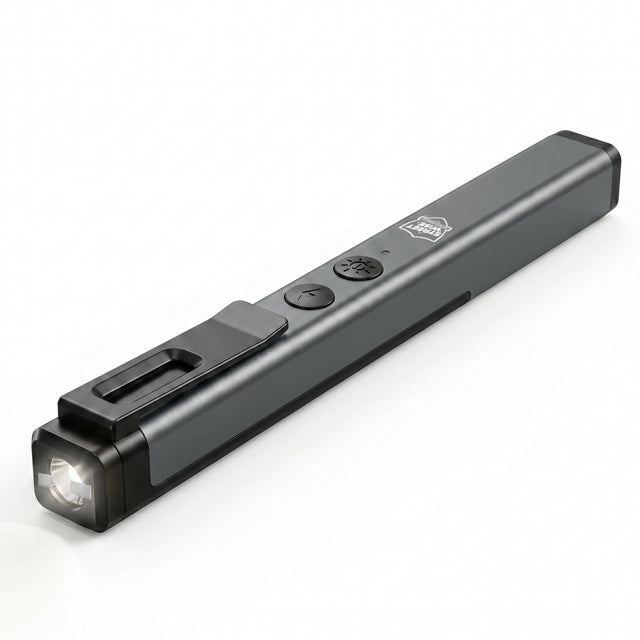 a front view angle of the Streetwise™ Hot Rod Rechargeable Dual Light Stun Gun 50M with its first flashlight on.