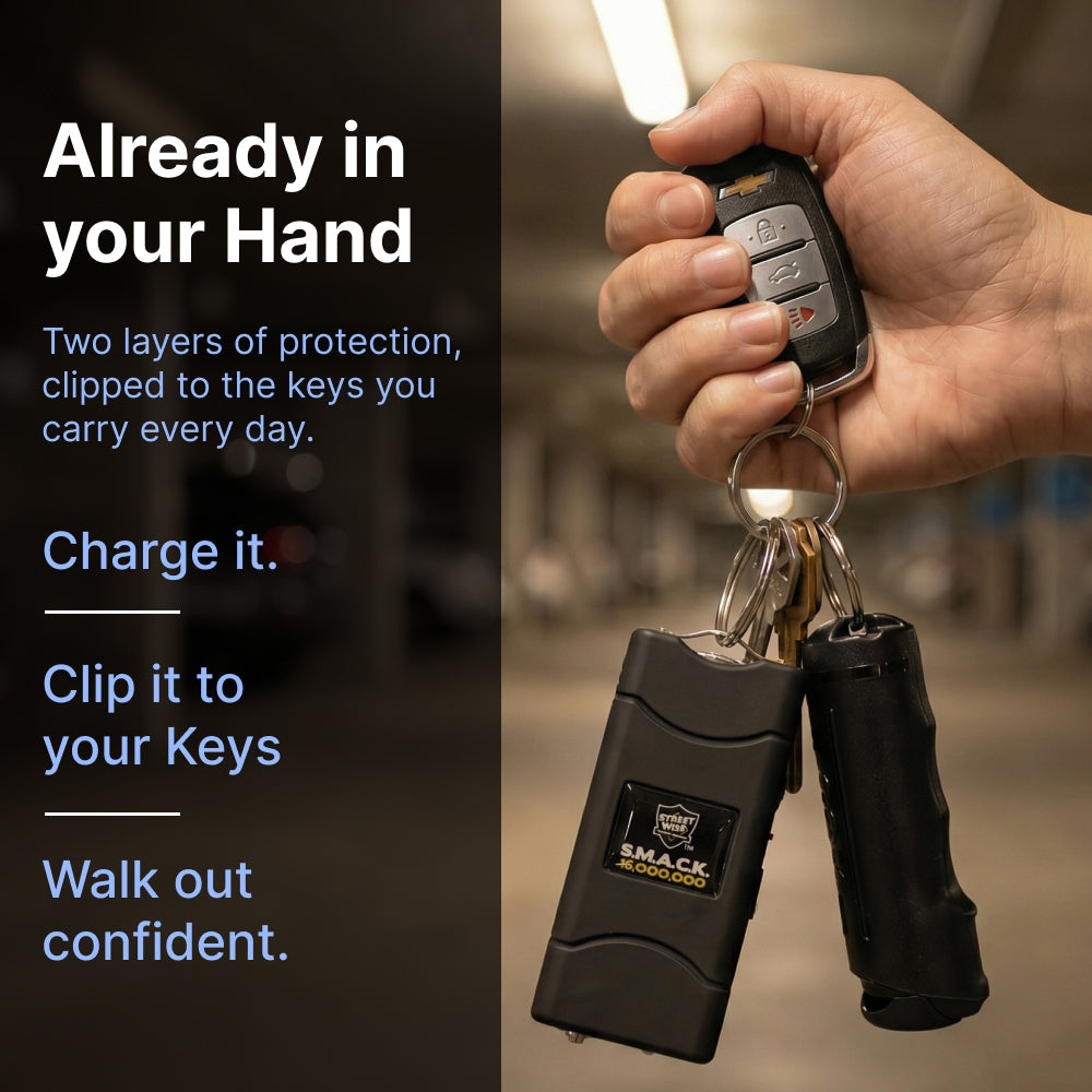 Keychain device with flashlight and keychain, held by a hand, with promotional text on a dark background.