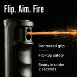 Pepper spray spraying a stream of gel with promotional text