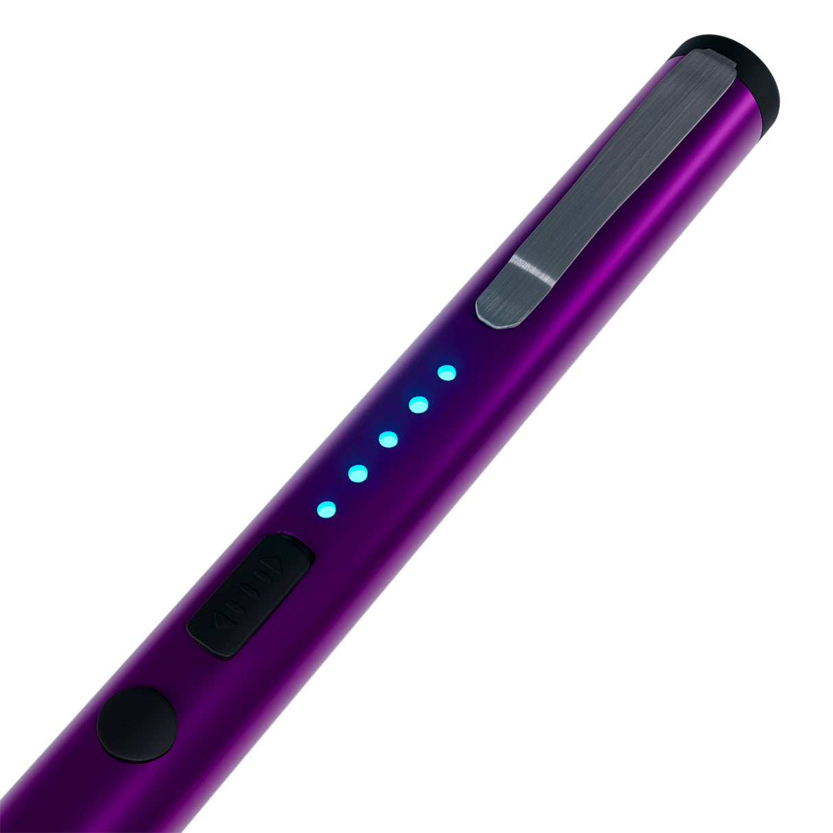 Close up view of a Streetwise Pain Pen 6" Rechargeable Stun Gun 25M highlighting its metal clip and battery indicator lights