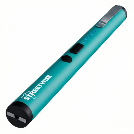 Teal Pain Pen Stun Gun from Streetwise with metal clip and indicator lights