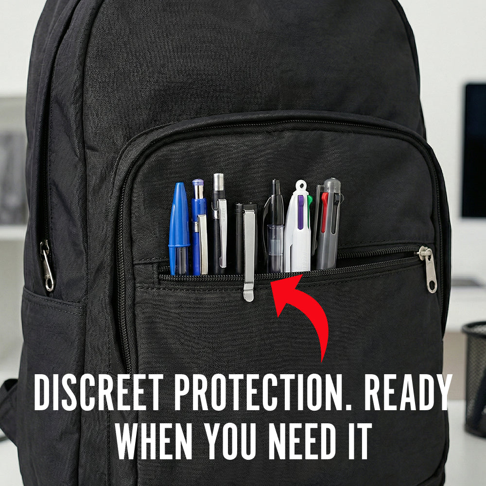 Streetwise Pain Pen disguised with real pens in a black backpack. 