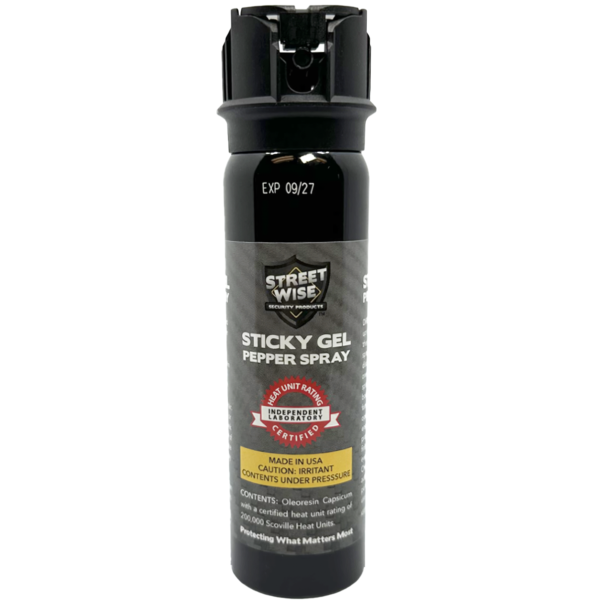 A black 4 oz sticky gel pepper spray from Streetwise Police Strength Sticky Gel Pepper Spray