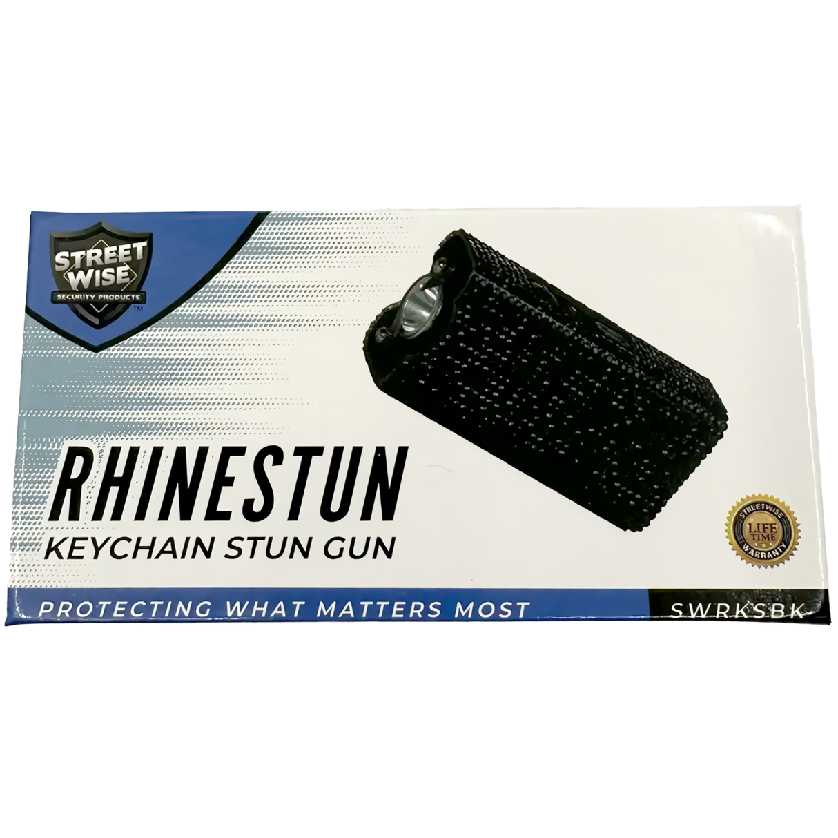 Streetwise Rhinestun Mini Keychain Rechargeable LED Stun Gun in packaging