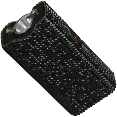 A mini keychain rechargeable LED stun gun from Streetwise, encased in a black rhinestone covering