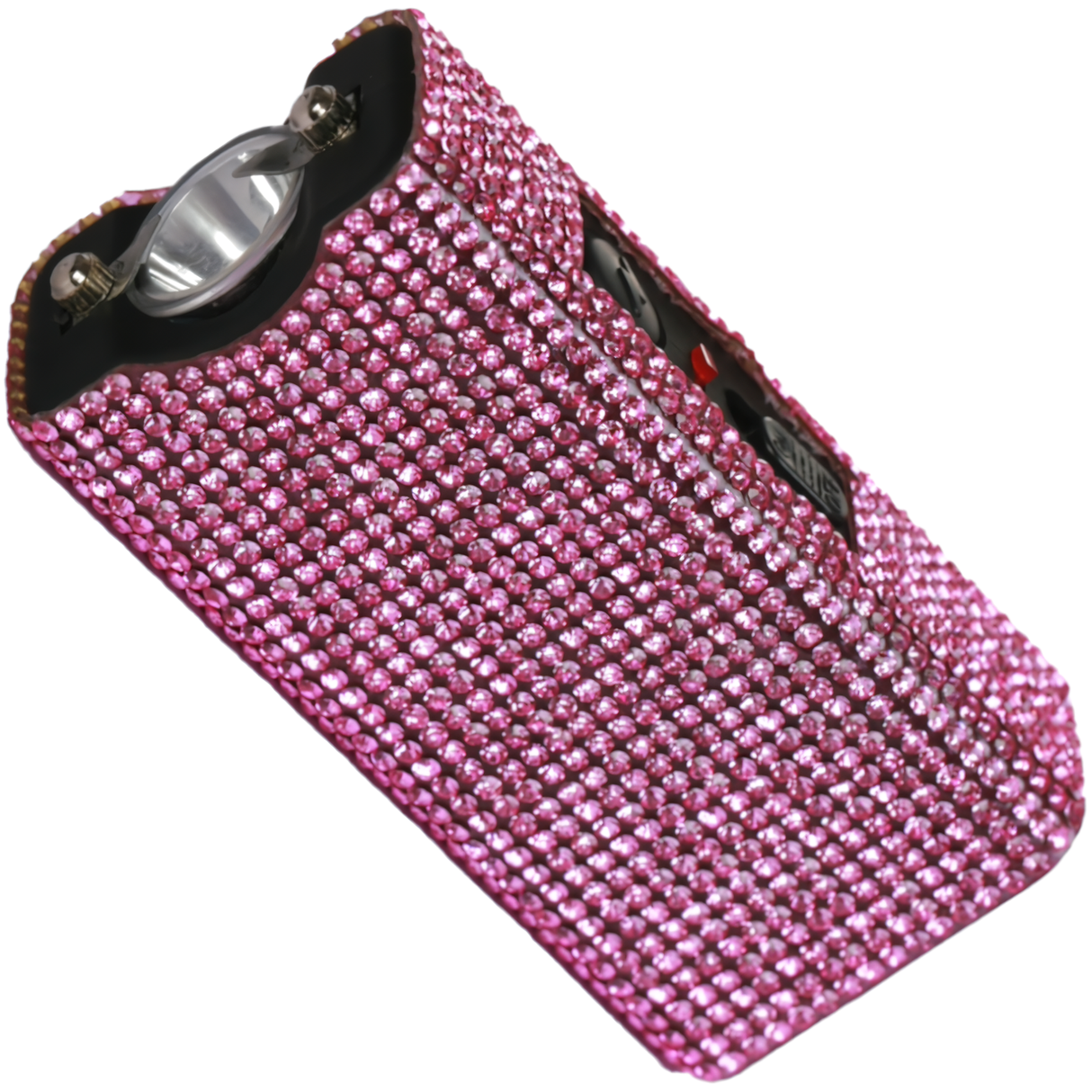 A mini keychain rechargeable LED stun gun from Streetwise, encased in a pink rhinestone covering