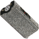 A mini keychain rechargeable LED stun gun from Streetwise, encased in a silver rhinestone covering