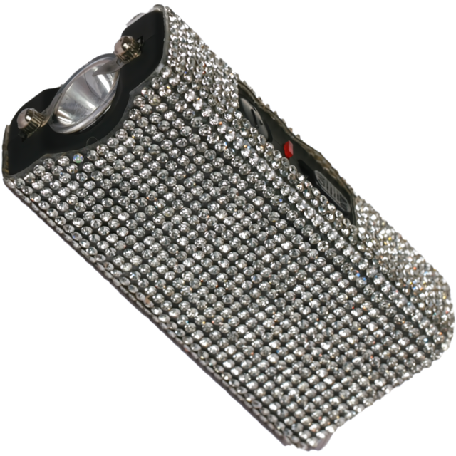A mini keychain rechargeable LED stun gun from Streetwise, encased in a silver rhinestone covering