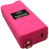 Bottom angled view of Hot pink Streetwise™ S.M.A.C.K. Keychain Stun Gun 16M showing its keyring and charging port
