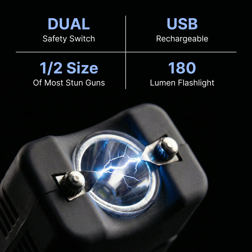 Infographic of Streetwise S.M.A.C.K. Keychain Stun Gun with arc spark between contact probes and promotional text