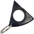 A black metal shark tooth-shaped keychain  designed as a self-defense tool with keyring