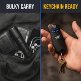Comparison of a black device in a bulky carry case versus a keychain ready version held by a hand.