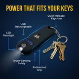 Keychain flashlight with features highlighted on a dark blue background