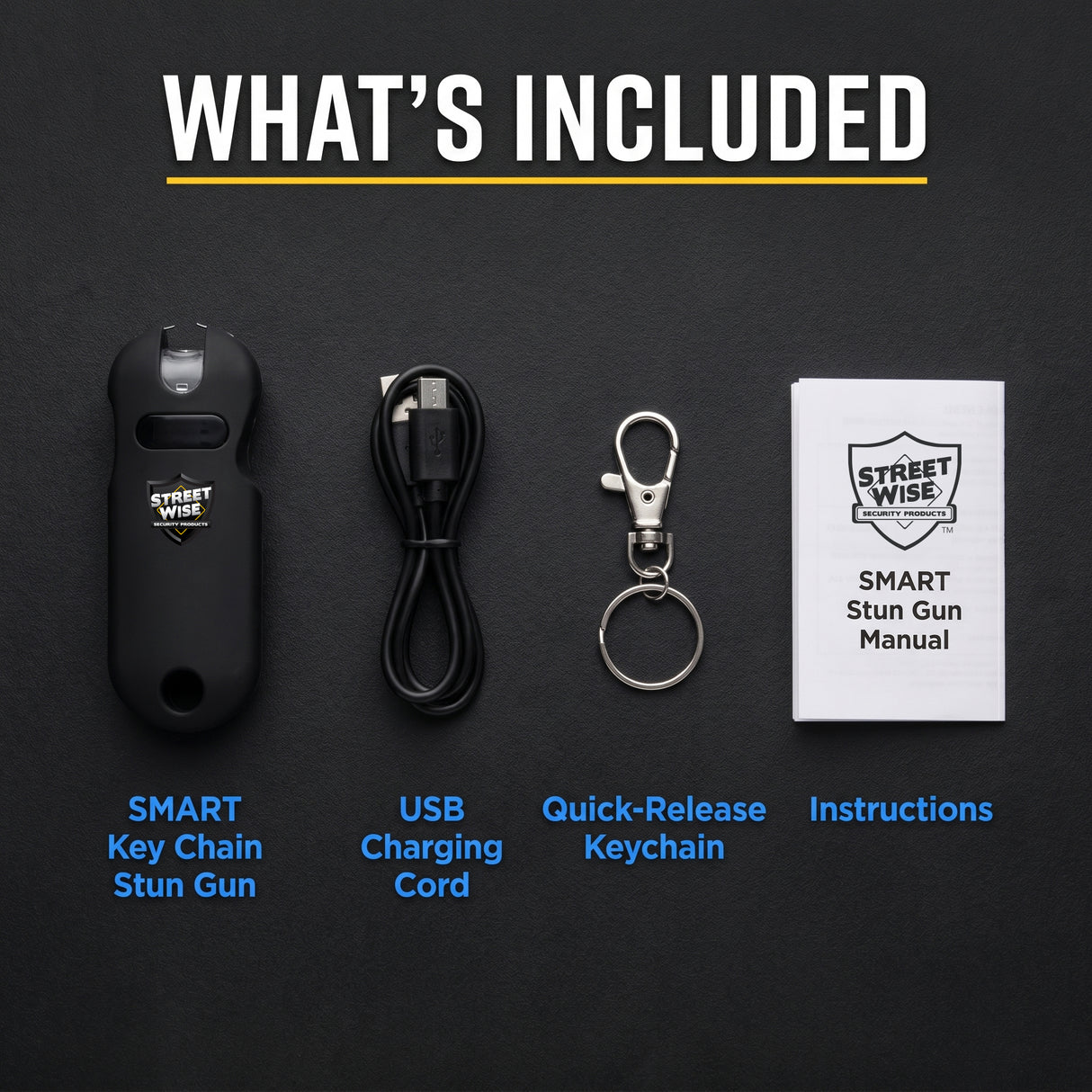 List of included items for a Street Wise SMART keychain stun gun on a black background.