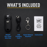List of included items for a Street Wise SMART keychain stun gun on a black background.
