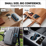 Product being used in various settings including keys, purse, backpack, and car.