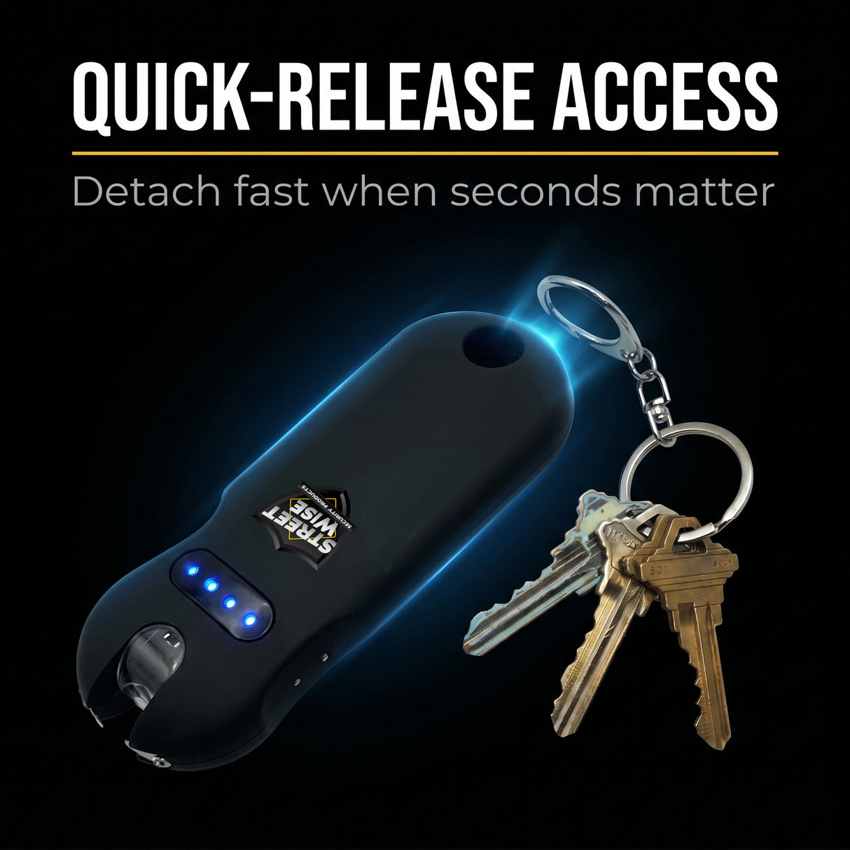 Black keychain device with keys on a dark background, emphasizing quick-release access feature.