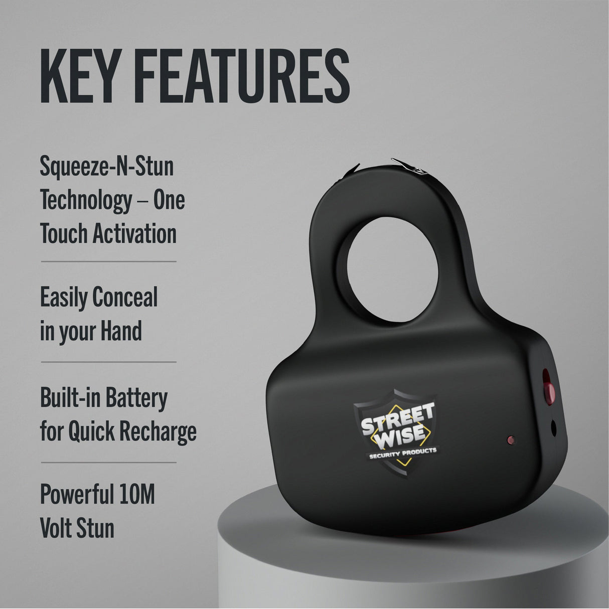A promotional graphic of Streetwise Sting Ring Rechargeable Stun Gun 18M and its key features.