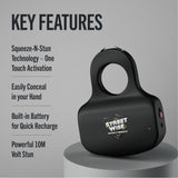 A promotional graphic of Streetwise Sting Ring Rechargeable Stun Gun 18M and its key features.